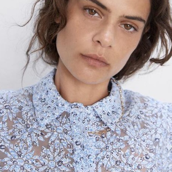 Zara Floral Blue Organza Puff Sleeve Sheer Cropped Blouse Size XS - Picture 6 of 16